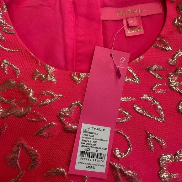 Lilly Pulitzer Pink Gold Puff Floral Brocade Embellished Blouse - Picture 4 of 7